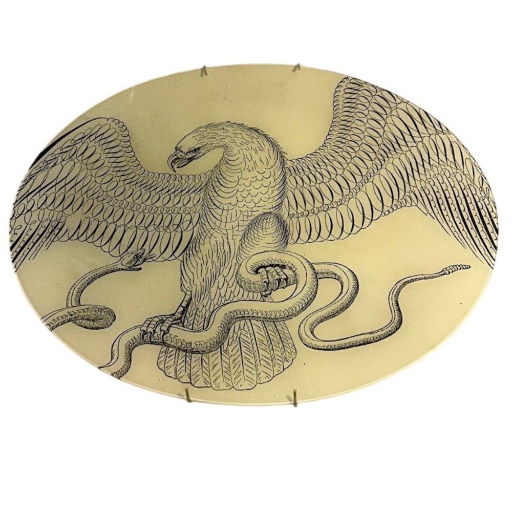 John Derian Large Oval Decoupage‎ Glass Platter Eagle and Snake Vintage 19in